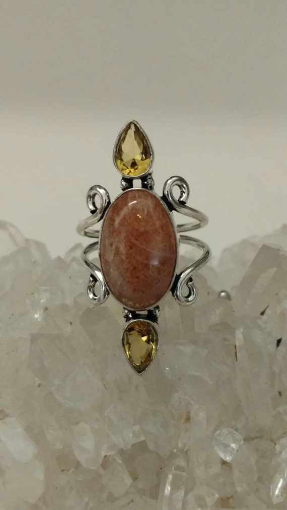 Sunstone And Yellow Crystal Ring, Size 7
