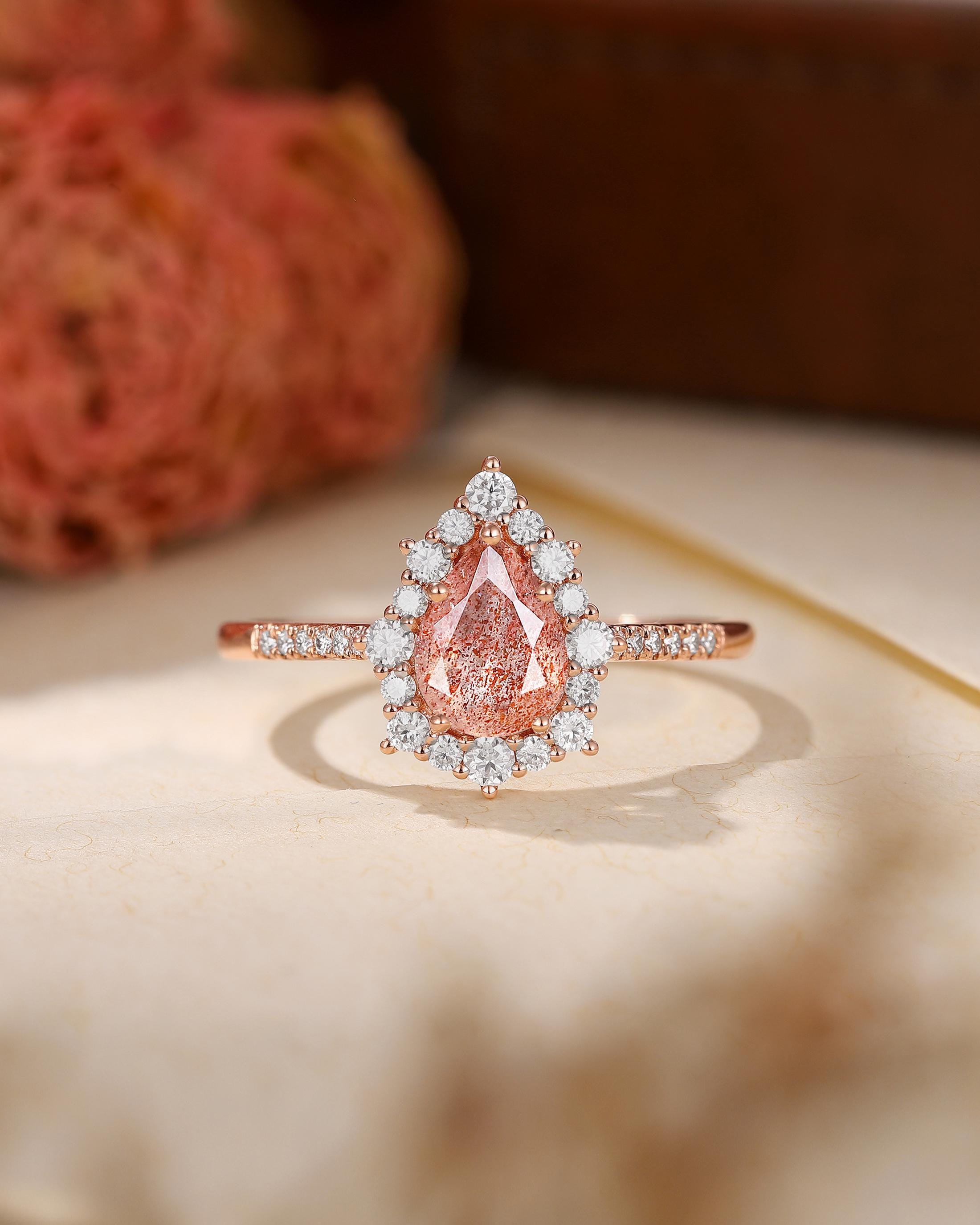 Halo Africa Sunstone Ring - Vintage Engagement Ring, Moissanite Wedding Ring By Henryrocky