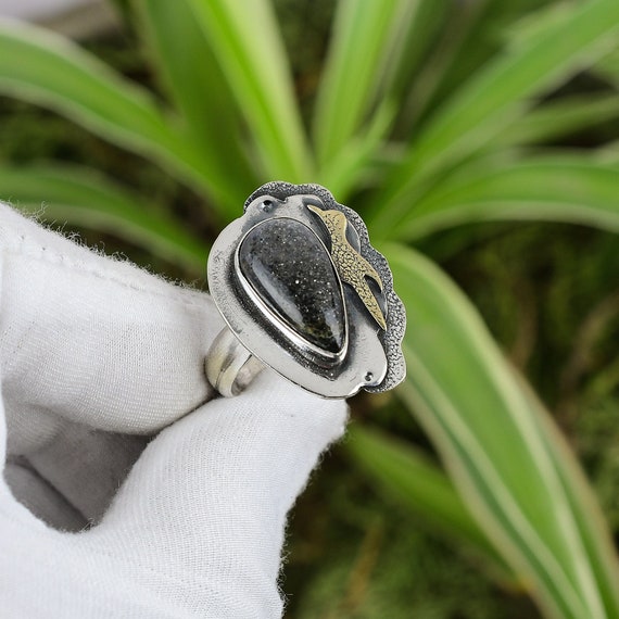 Handmade Black Sunstone Ring: 925 Sterling Silver, 18k Gold Plated, Adjustable