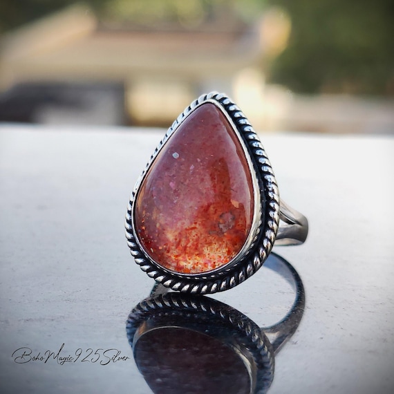 Handmade Pear Sunstone Ring: 925 Sterling Silver Boho Jewelry