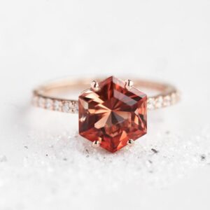Hexagon Sunstone Ring, Unique Oregon Sunstone Engagement Ring, Geometric Sunstone Ring