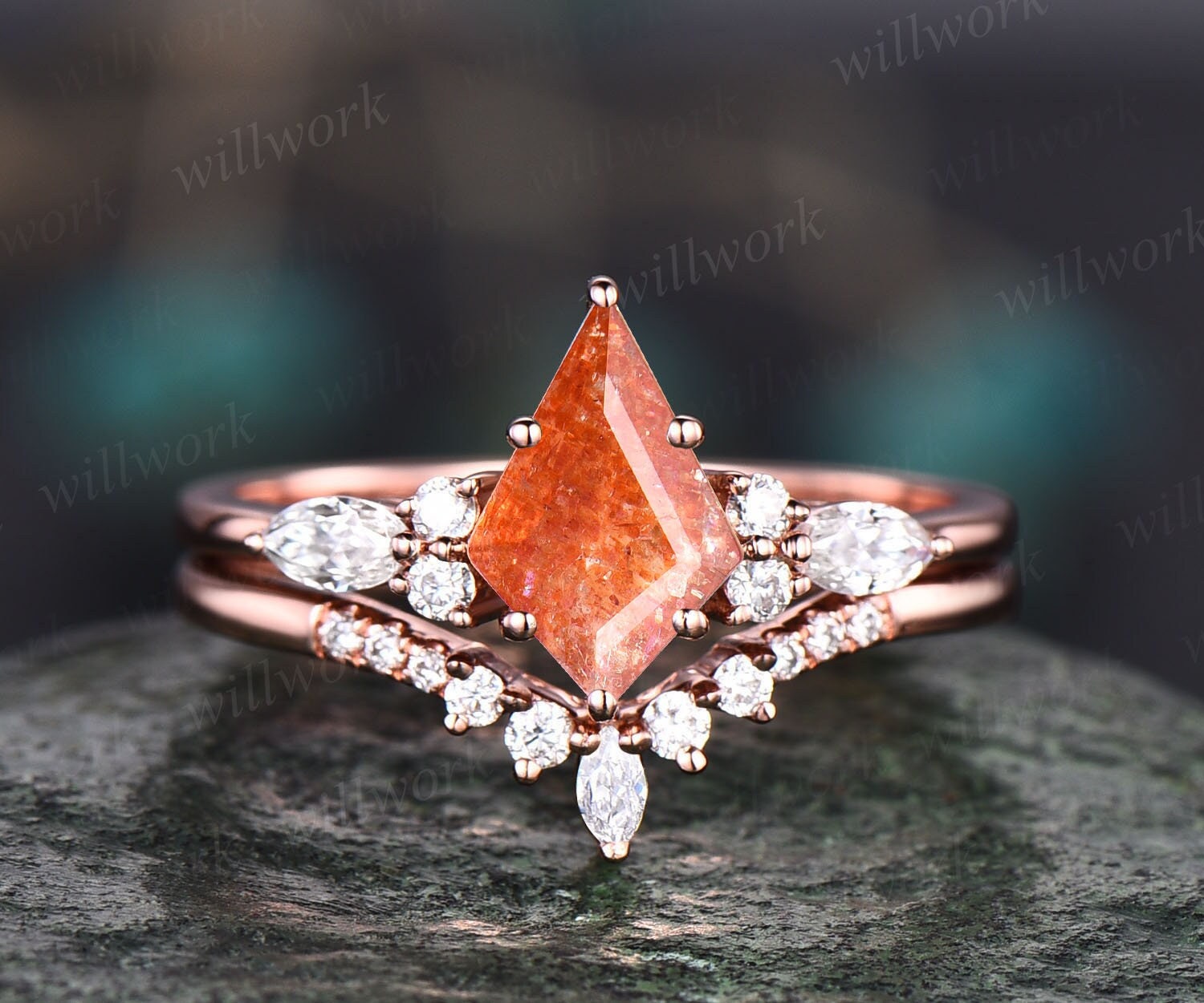Kite Cut Sunstone Ring Gold Vintage Sunstone Engagement Ring Set Rose Gold Six Prong Art Deco Moissanite Ring Set Promise Ring For Her Gifts