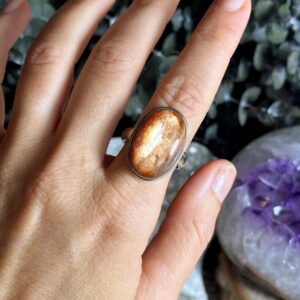 Large Statement Sunstone Adjustable Ring, 925 Sterling Silver