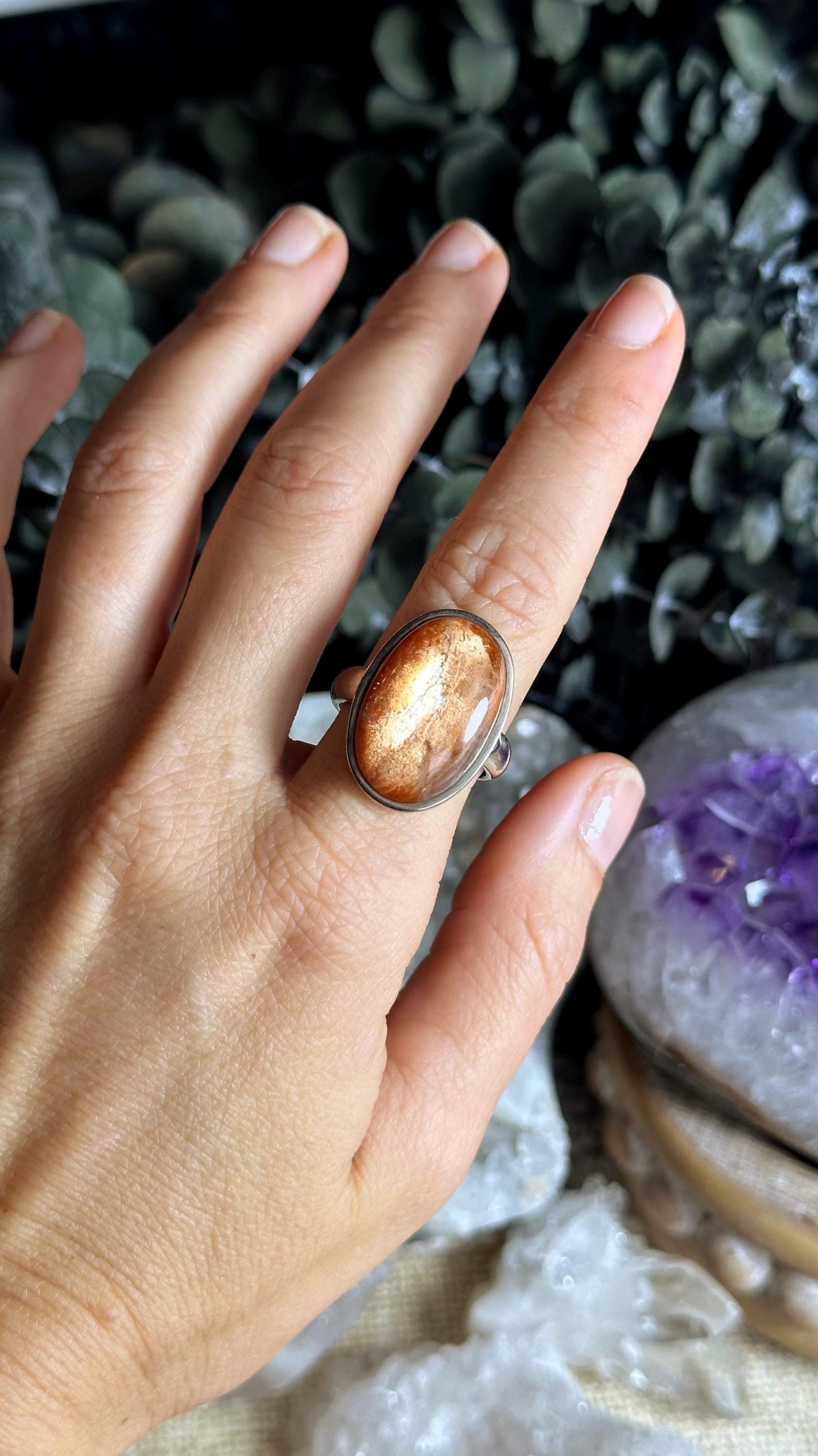 Large Statement Sunstone Adjustable  Ring, 925 Sterling Silver