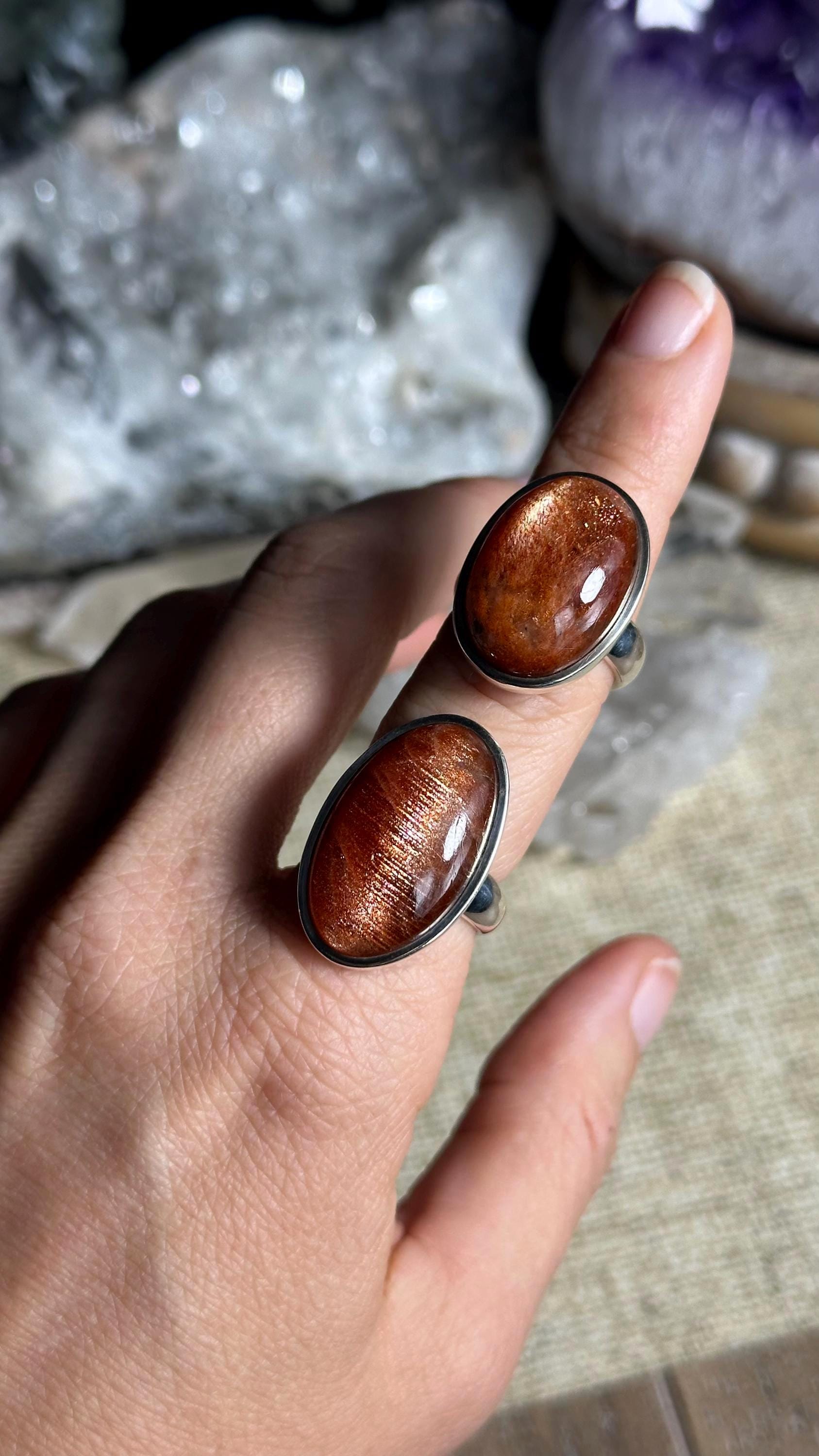 Large Statement Sunstone Adjustable Ring, 925 Sterling Silver