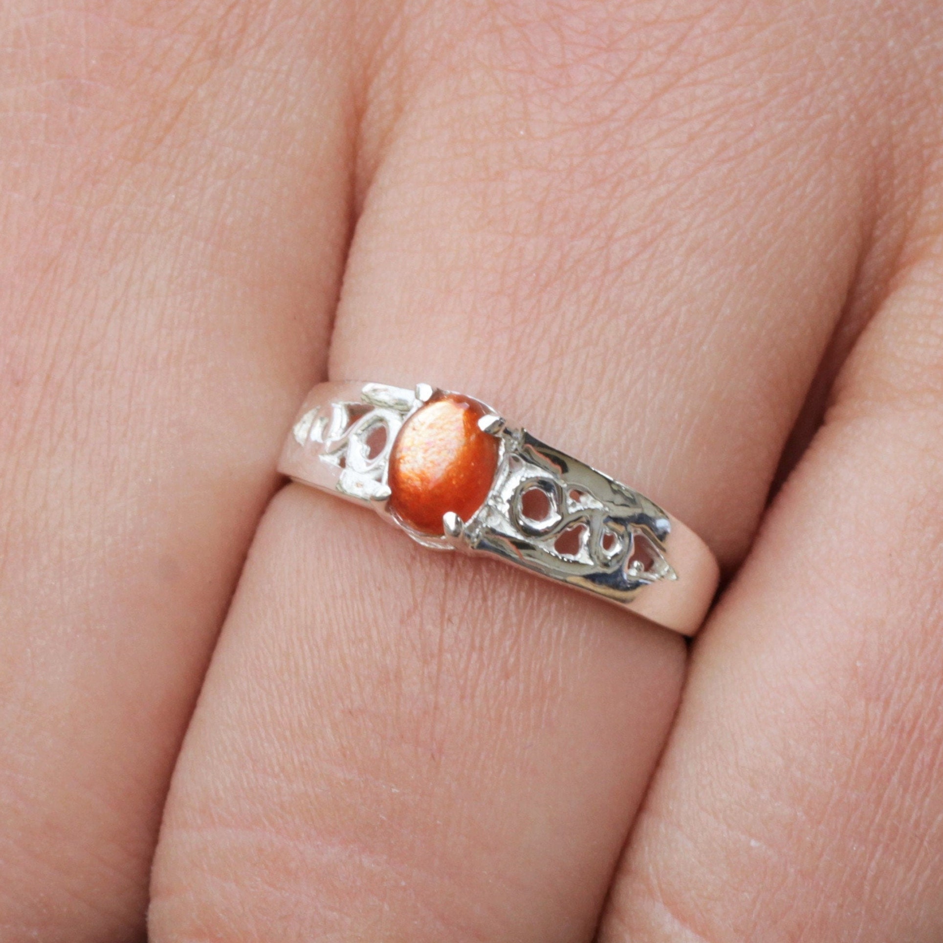 Sunstone Ring: Natural Gemstone, 925 Sterling Silver Stackable Band