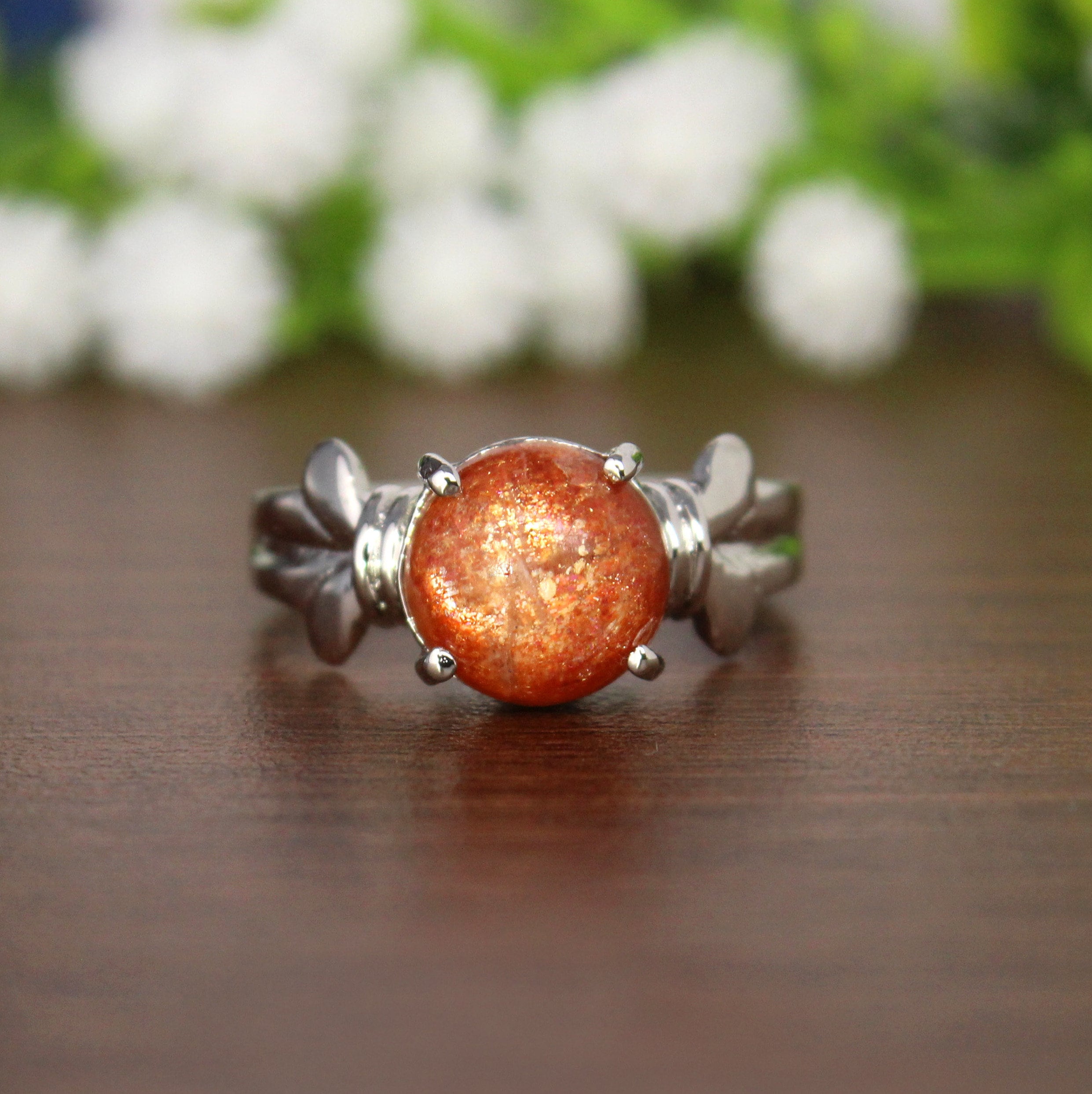 Natural Sunstone Silver Ring, Round Sunstone Cabochon Ring , Healing Stone Ring, Wrapped Ring, Promise Ring, Bohemian Ring, Tribal Jewelry