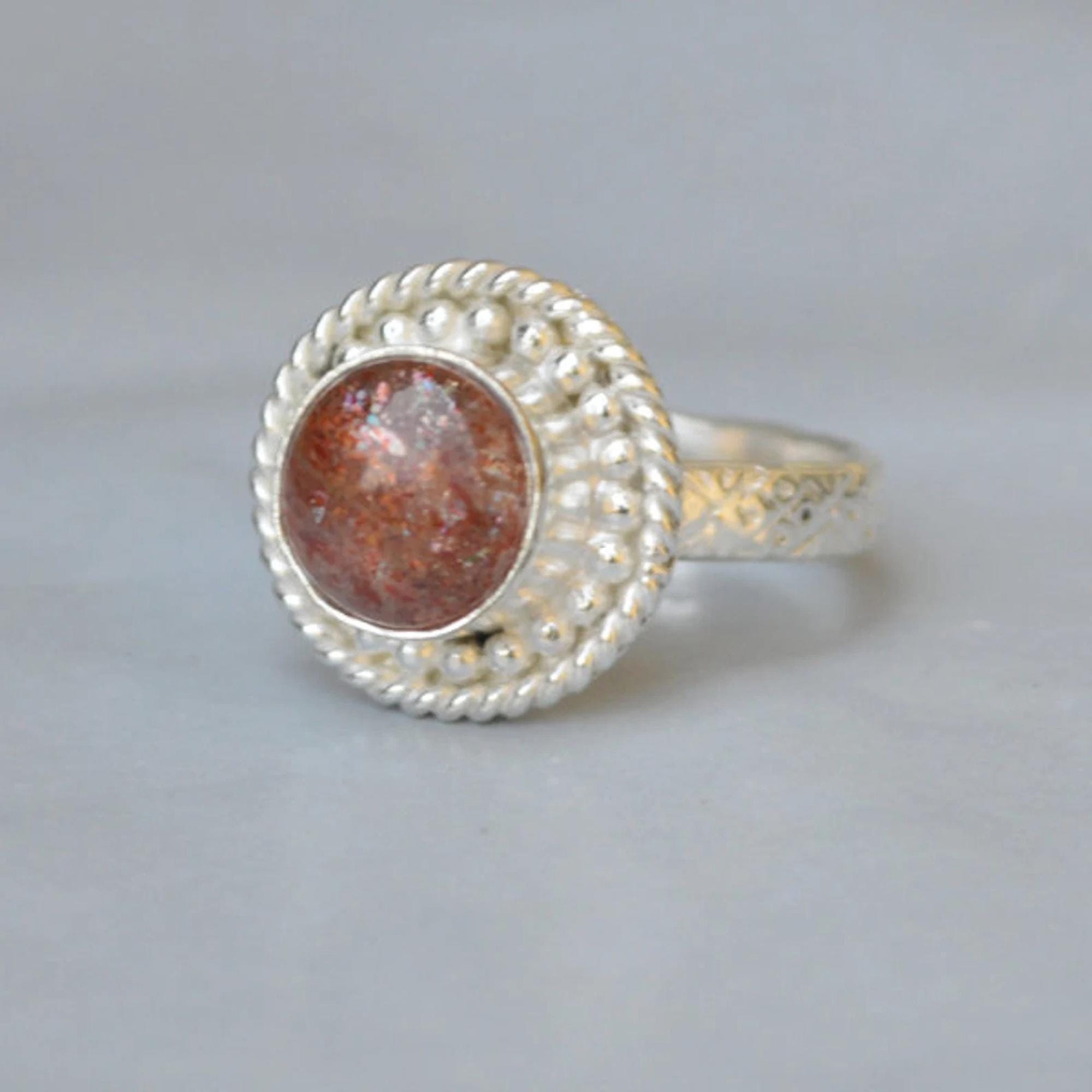 Oregon Sunstone Cabochon Ring: 925 Sterling Silver, Rose & Yellow Gold Plated