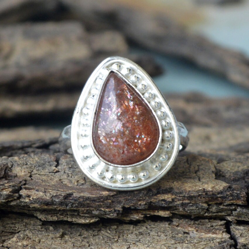 Oregon Sunstone Ring: Pear Cabochon, 925 Sterling Silver