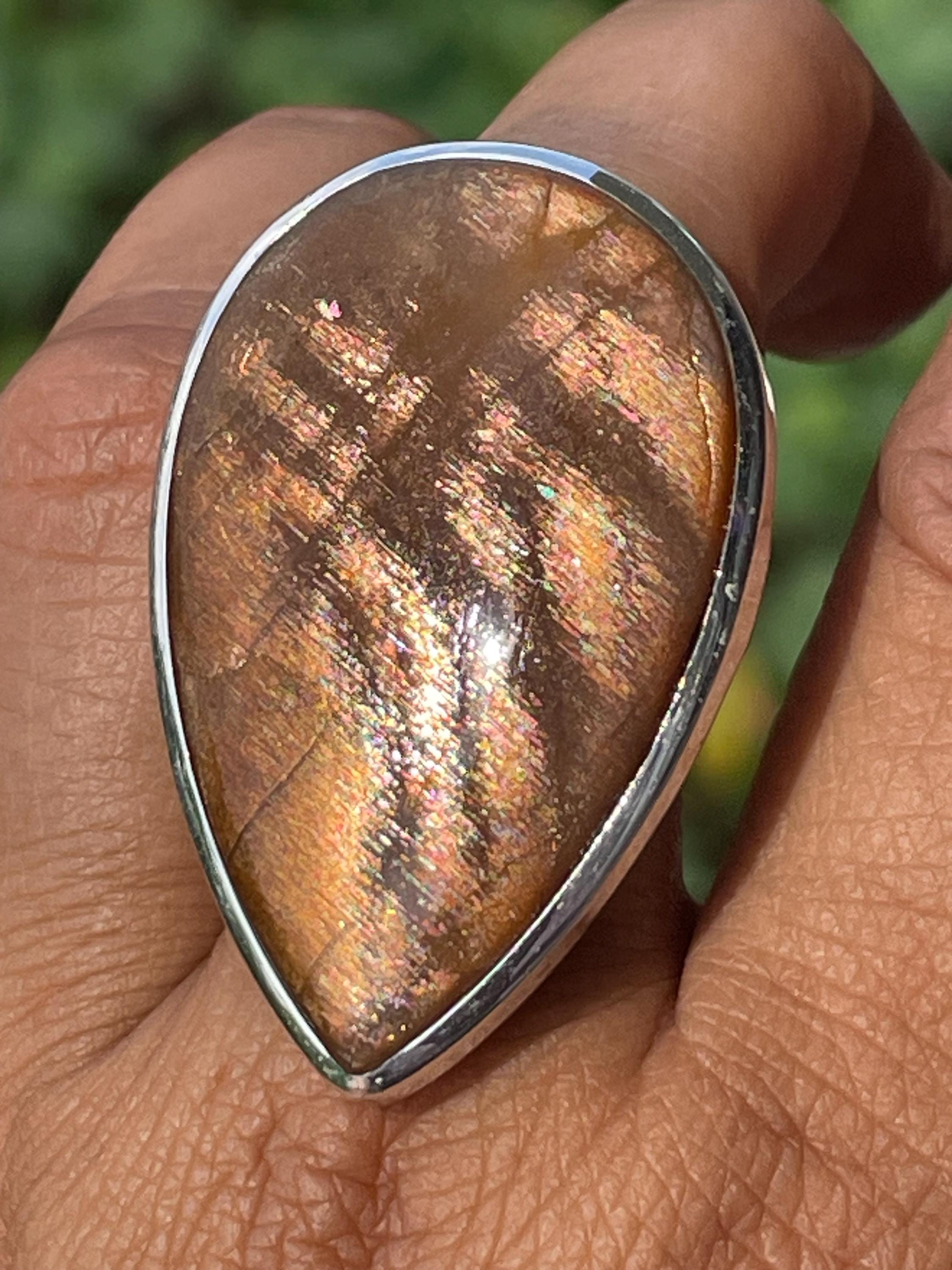 Pear Sunstone Sterling Silver Statement Ring: Natural Orange Gemstone