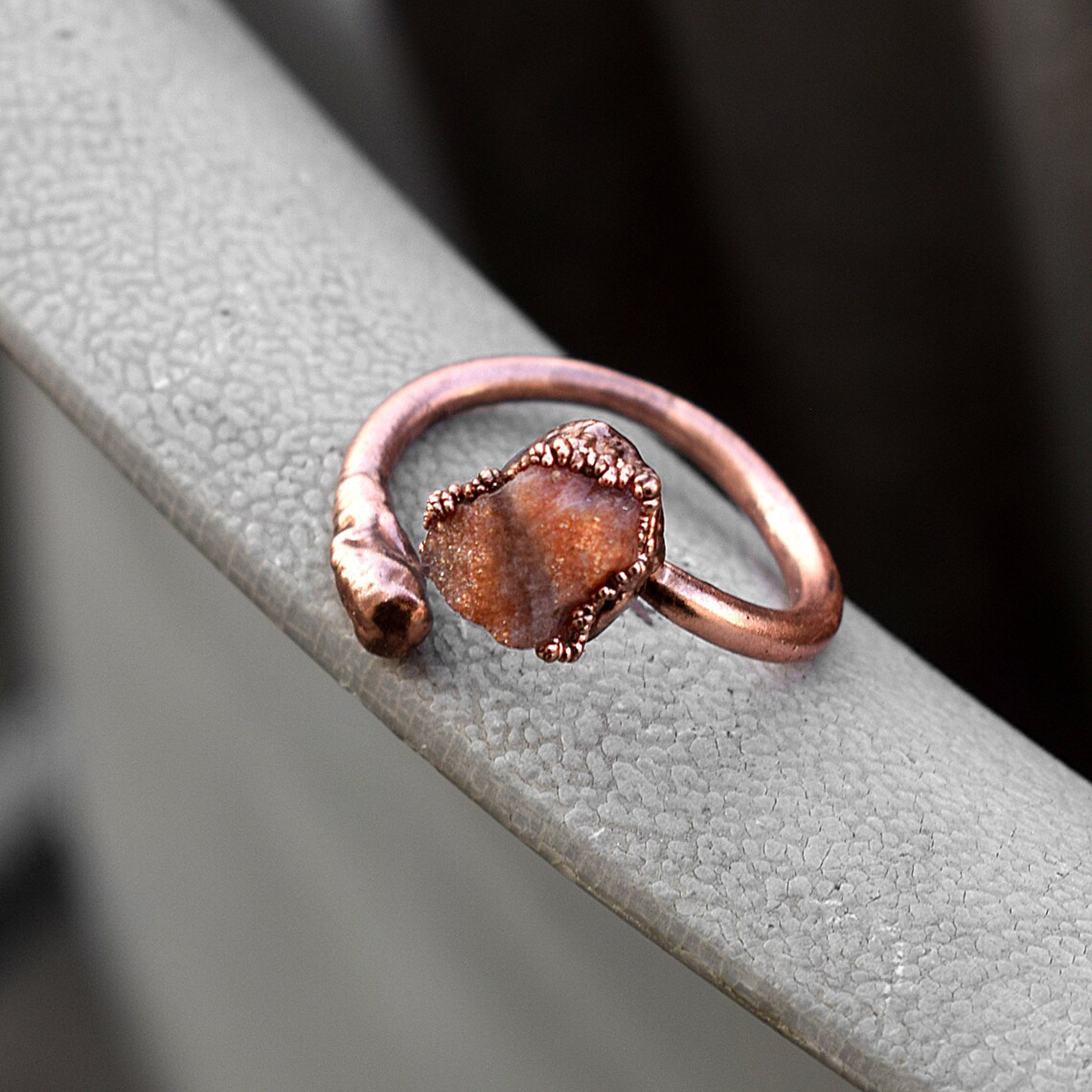 Raw Sunstone Copper Ring, Snake Design, Size 8.5 Raw Sunstone Copper Ring, Snake Design, Size 8.5