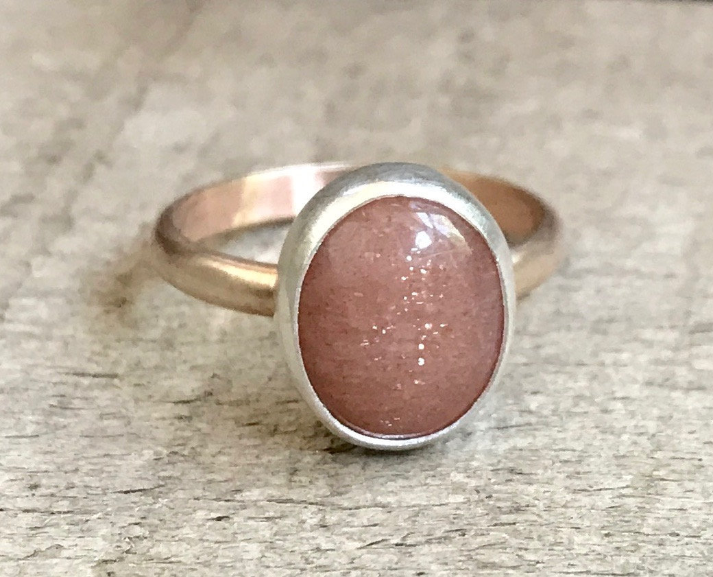 Romantic Indian Sparkly Sunstone Sterling Silver Ring With Rose Gold Filled Ring Band | Sunstone Ring | Mixed Metals | Boho | Gifts For Her