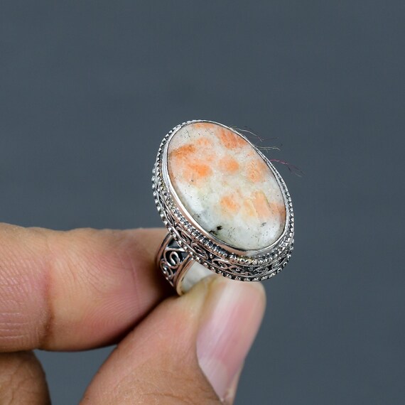 Vintage Sunstone Ring: Handmade 925 Sterling Silver, Size 7.25