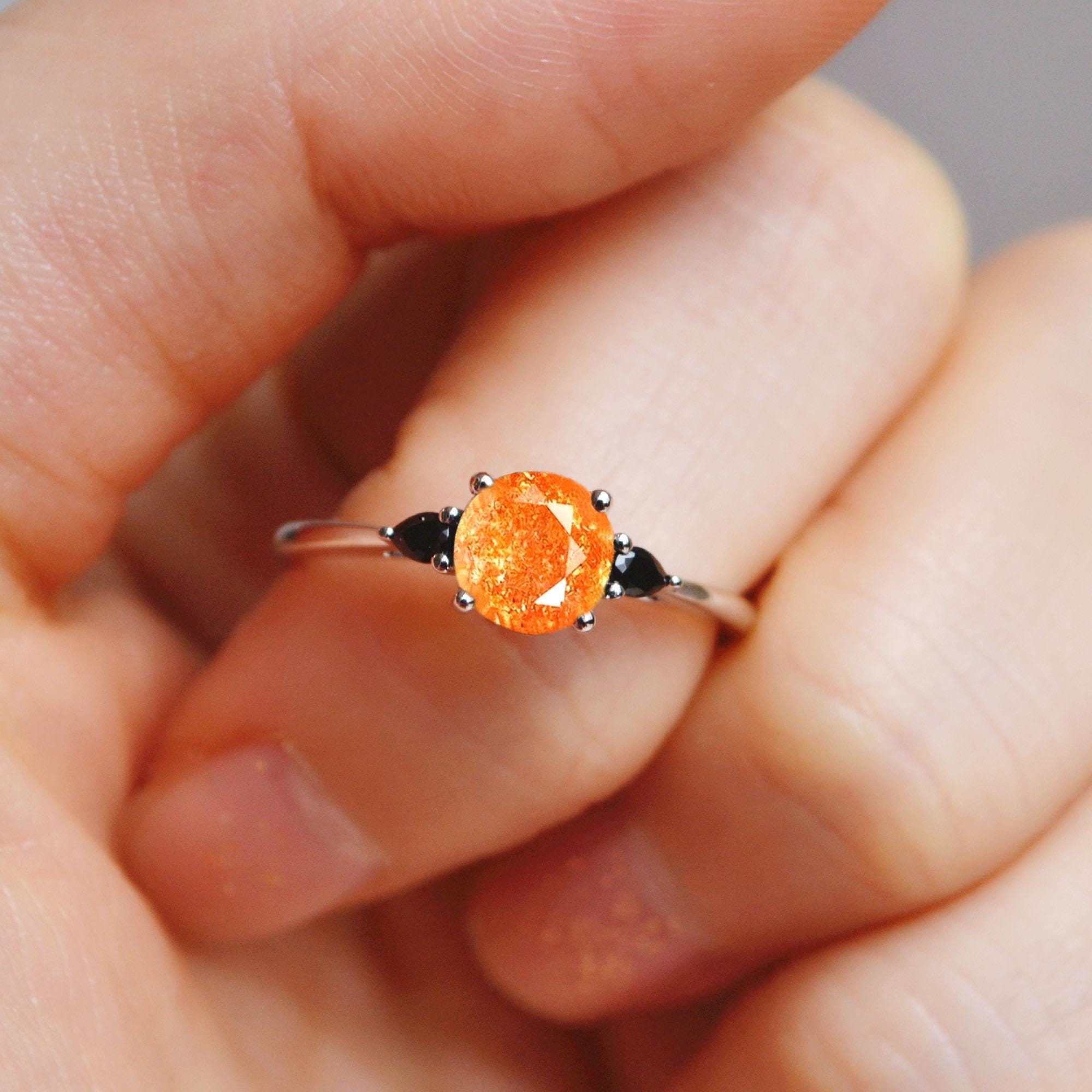 Vintage Natural Sunstone Engagement Ring- 3 Stone Promise Ring Silver Handmade - Unique Anniversary Gift For Women