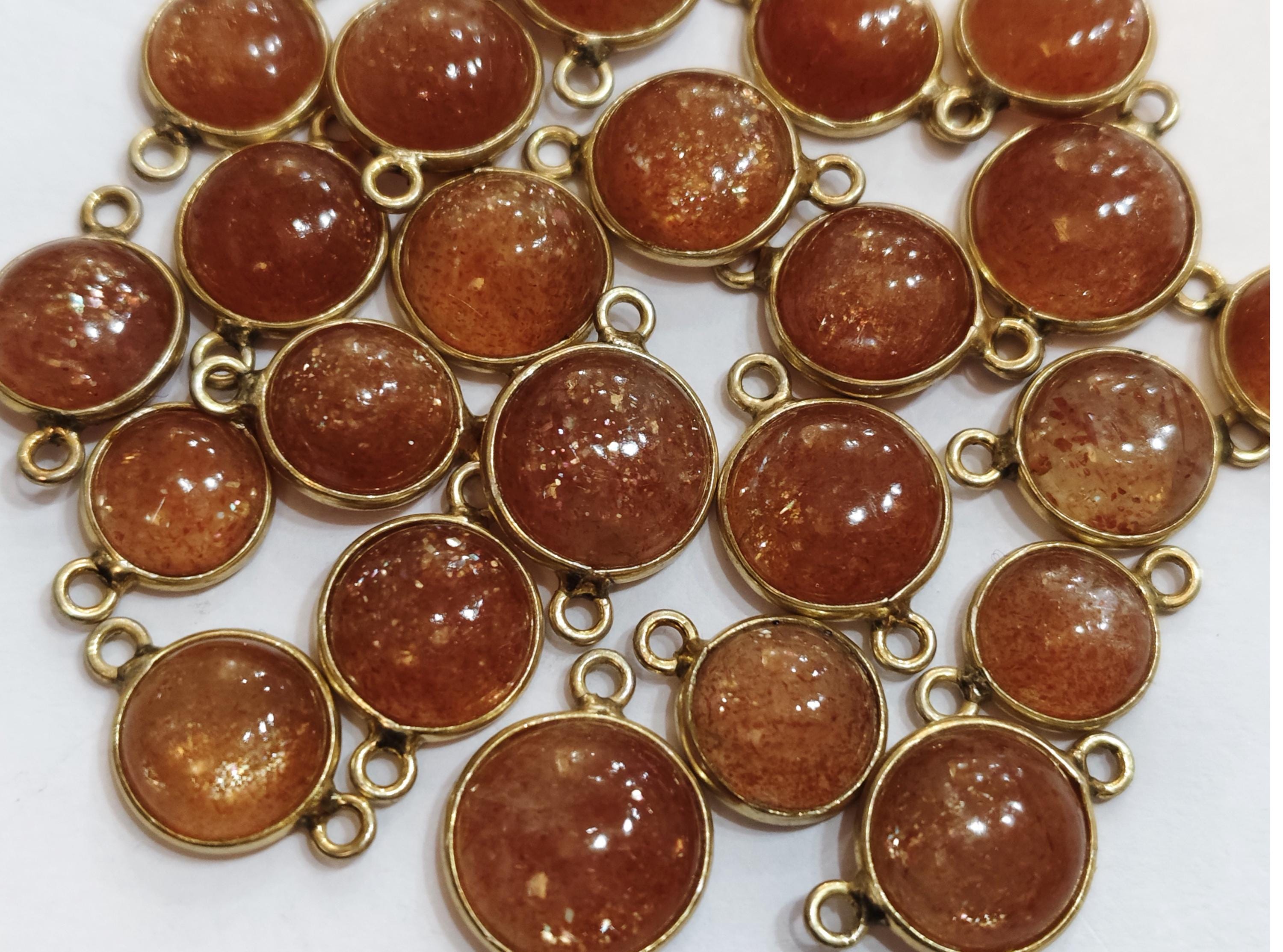925 Sterling Vermeil Silver,natural Gemstone Sunstone Coins Shape Connector,5 Piece Of  16mm App.
