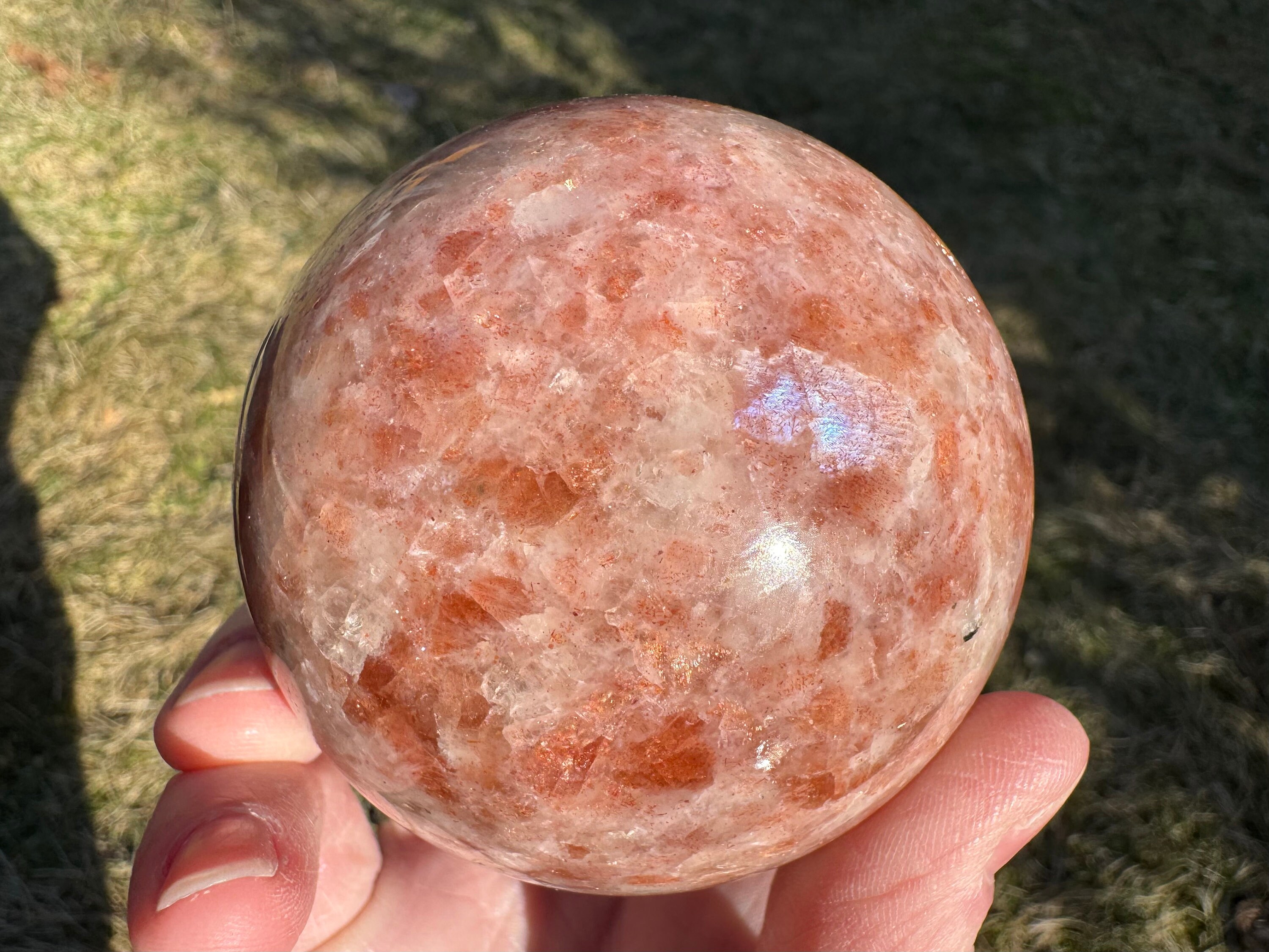 Confetti Sunstone Sphere With Blue Flash: Orange Crystal Ball (2.8") #6