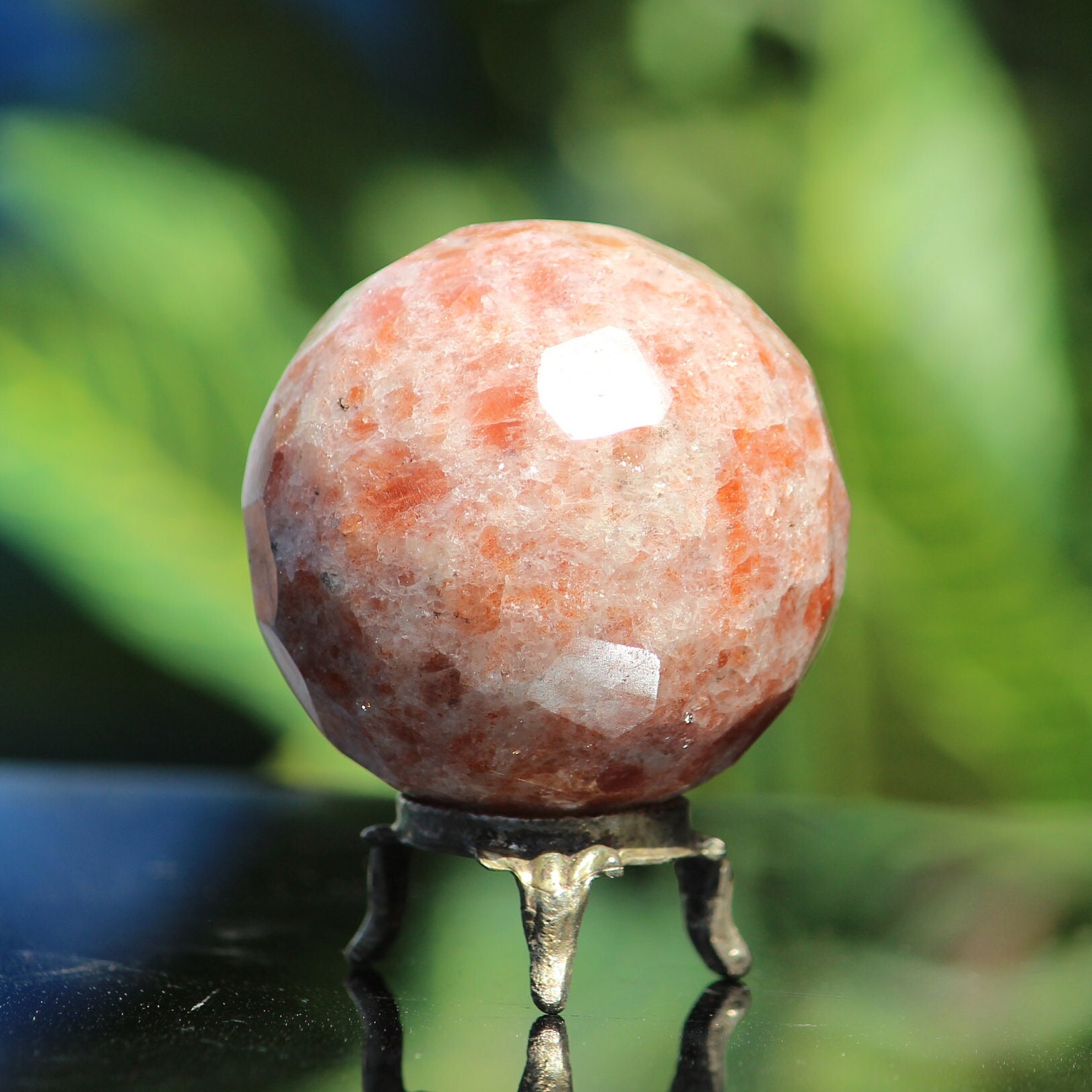 50mm Faceted Orange Sunstone Sphere: Natural Crystal Ball, Reiki Healing Stone