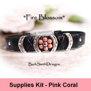 Supplies Kit -"Fire Blossom" Beaded Bracelet-Pink Coral Glass Fire Polish Beads-Studded Black Flat Leather-Magnetic Clasp Choice