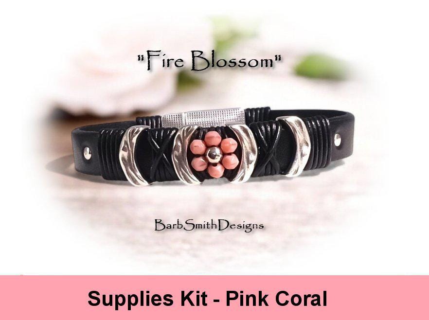 Supplies Kit -"fire Blossom" Beaded Bracelet-pink Coral Glass Fire Polish Beads-studded Black Flat Leather-magnetic Clasp Choice Supplies Kit -"fire Blossom" Beaded Bracelet-pink Coral Glass Fire Polish Beads-studded Black Flat Leather-magnetic Clasp Choice