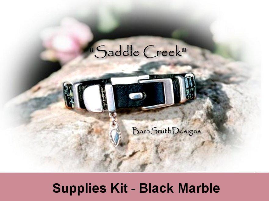 Supplies Kit -"saddle Creek" Buckle Bracelet Kit-tila Beads-delica Beads-leather Wraps-magnetic Clasp-" Black Marble" (blkmrb)