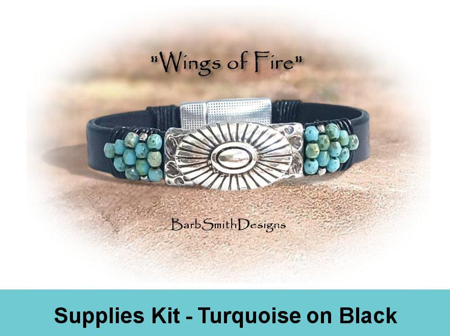 Supplies Kit -"wings Of Fire" Beaded Bracelet-fire Polish Beads-choice Of Black Leather Finish And Magnetic Clasp!-"turquoise" (trqblk)