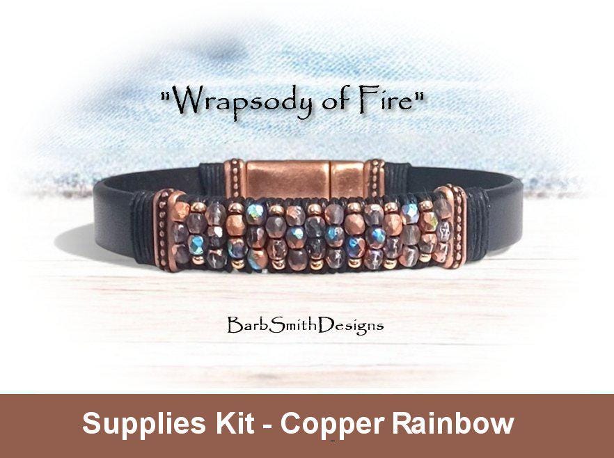 Supplies Kit -"wrapsody Of Fire" Beaded Copper Bracelet-fire Polish Beads-waxed Cord-black Leather-magnetic Clasp-"copper Rainbow" (cop)