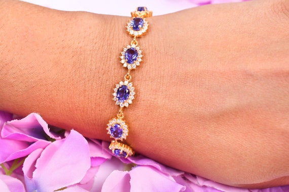 Blue Tanzanite Halo Bracelet, 925 Sterling Silver Tennis Bracelet