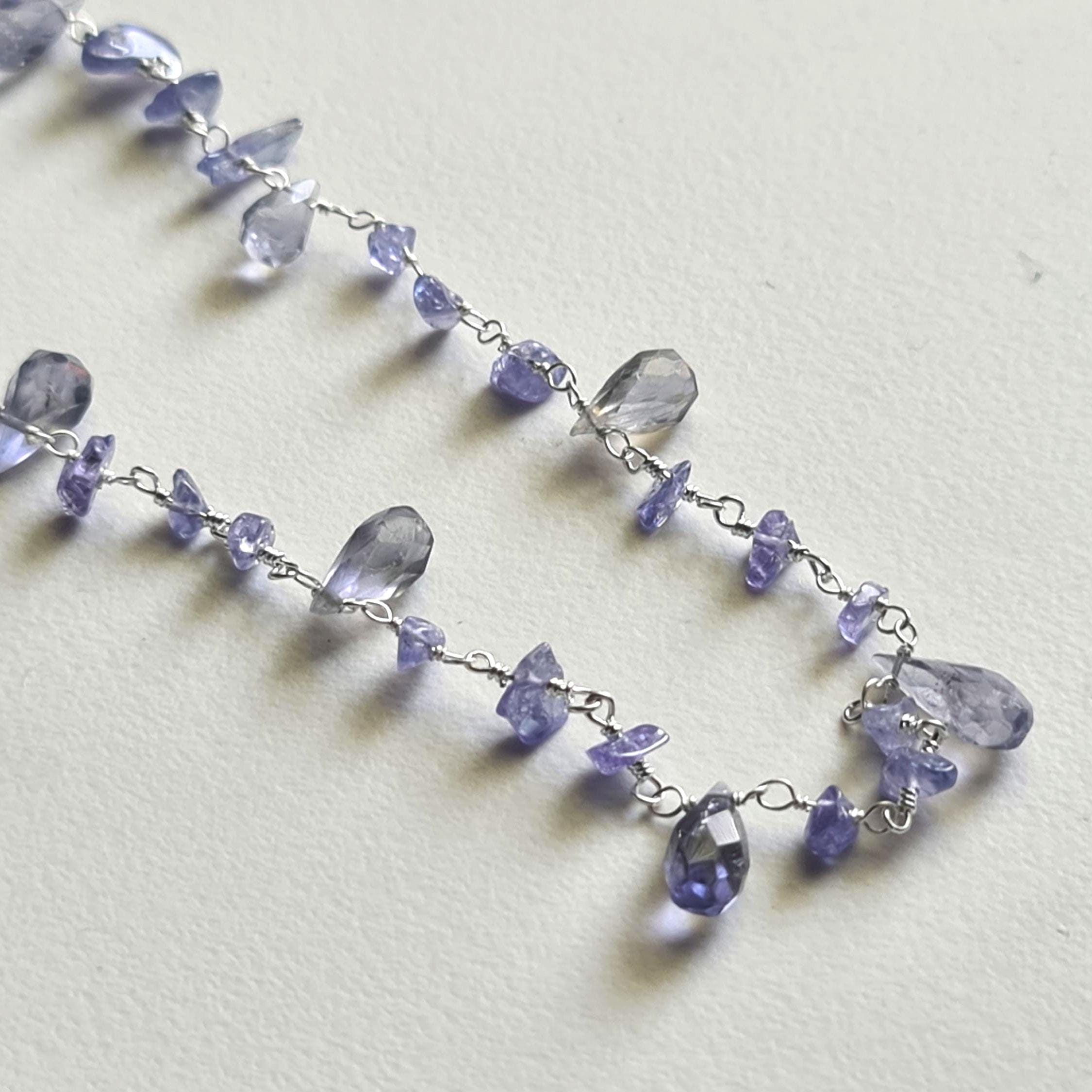 Tanzanite Rough Beads 3-5mm & Drop 4x6-5x8mm Wire Wrapped Beaded Rosary Chain 925 Silver Tanzanite Rosary Chain, Tanzanite Necklace - Psg380