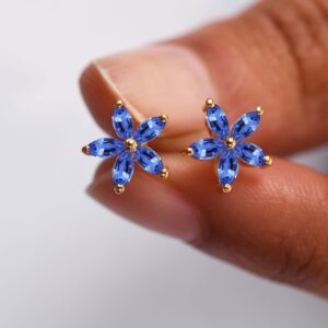 Blue Tanzanite Flower Earrings: Marquise 925 Sterling Silver Studs, Dainty 14k Gold Earring