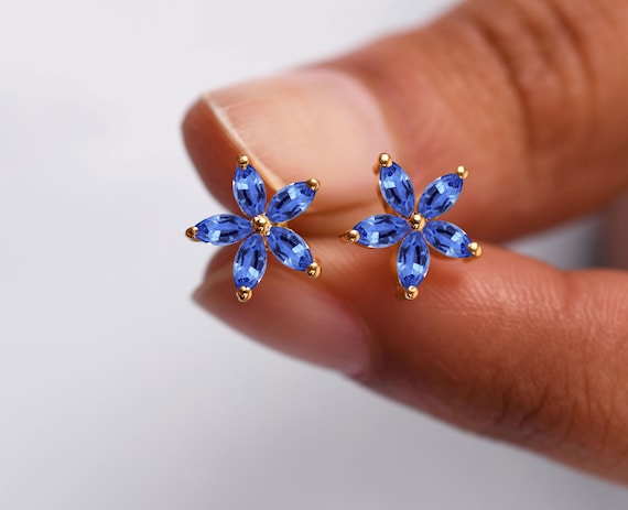 Blue Tanzanite Flower Earrings: Marquise 925 Sterling Silver Studs, Dainty 14k Gold Earring