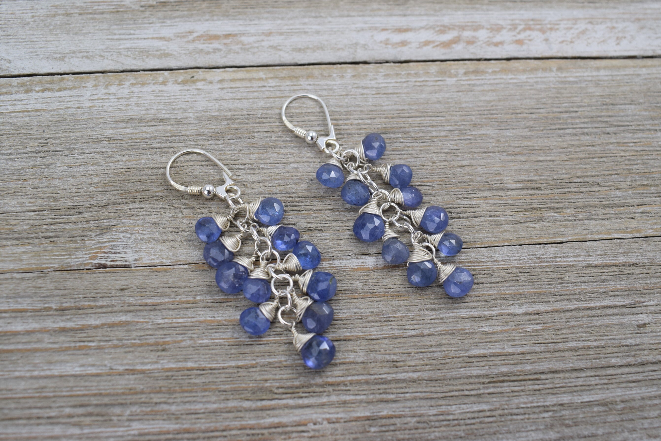 Tanzanite Briolette Cluster Earrings (sterling Silver) -  Rose Cut Tanzanite - Wire Wrapped Drop Earrings