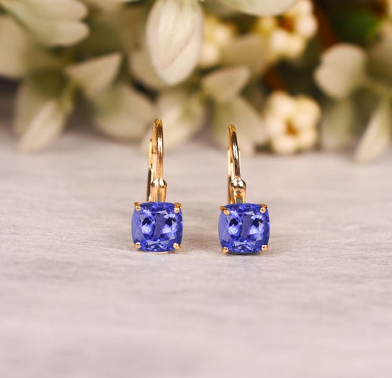 Cushion Tanzanite Lever Back Earrings – Blue Tanzanite Dangle Earrings, Bridal Jewelry, Tanzanite Earring, Anniversary Gifts For Women