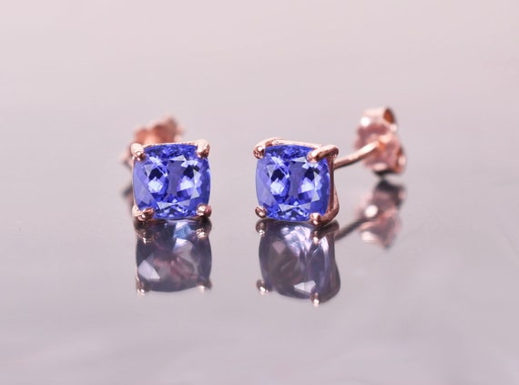 Cushion Tanzanite Sterling Silver Stud Earrings, Art Deco