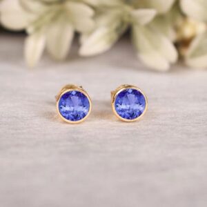 Elegent Tanzanite Stud Earrings: 14k Gold & Sterling Silver, Round Bridal Earring, Gifts For Love