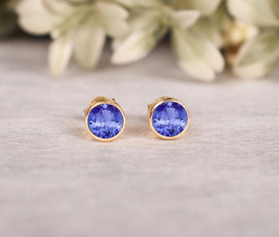 Elegent Tanzanite Stud Earrings: 14k Gold & Sterling Silver, Round Bridal Earring, Gifts For Love
