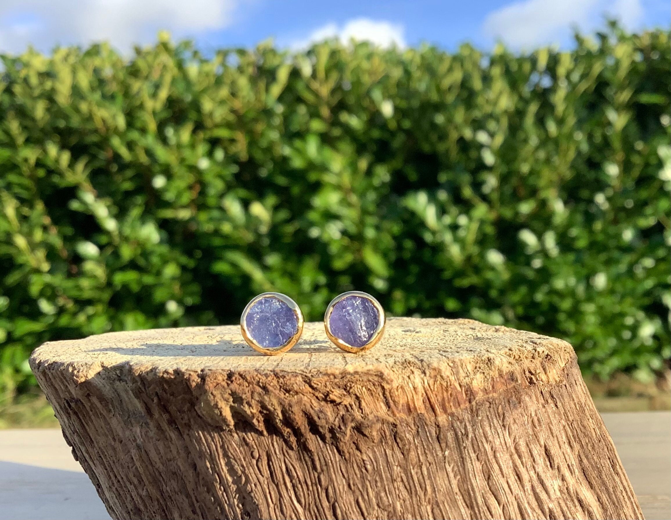 Tanzanite Gold Vermeil Stud Earrings, Womens Raw Gemstone Studs, December Birthstone Jewellery