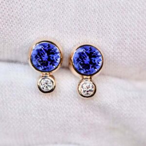 Tanzanite Stud Earrings, 14k Gold, Round Tanzanite & Diamond Dangle