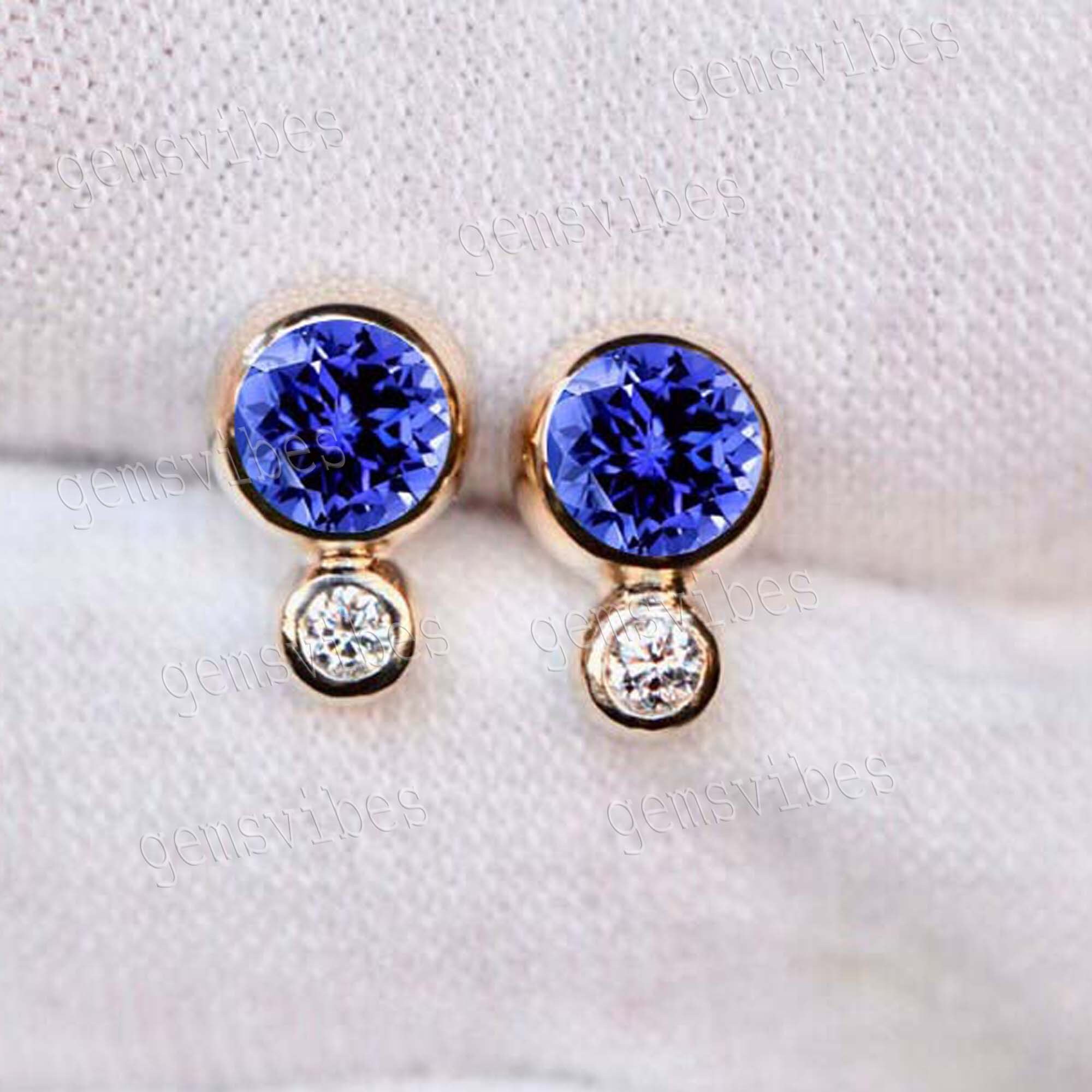 Tanzanite Stud Earrings, 14k Gold, Round Tanzanite & Diamond Dangle Tanzanite Stud Earrings, 14k Gold, Round Tanzanite & Diamond Dangle