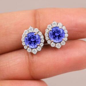 Tanzanite Halo Stud Earrings – 925 Sterling Silver, Bridal Jewelry