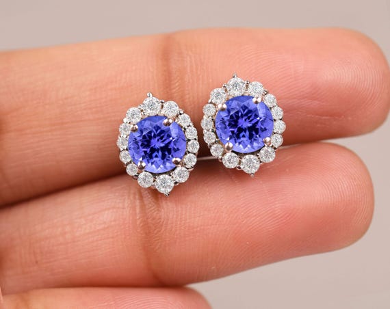 Tanzanite Halo Stud Earrings – 925 Sterling Silver, Bridal Jewelry