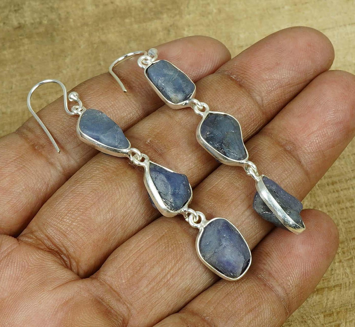 Handmade Tanzanite Sterling Silver Hook Earrings: Rough Gemstone Jewelry