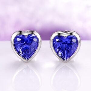 Heart Tanzanite Stud Earrings In 925 Sterling Silver- Minimalist Unique Bezel Studs December Birthstone Anniversary Or Birthday Gift For Her