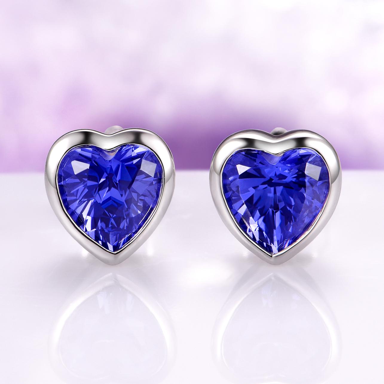 Heart Tanzanite Stud Earrings In 925 Sterling Silver- Minimalist Unique Bezel Studs December Birthstone Anniversary Or Birthday Gift For Her