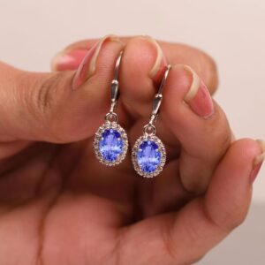 Tanzanite Leverback Earrings – Art Deco Sterling Silver, Bridal Jewelry