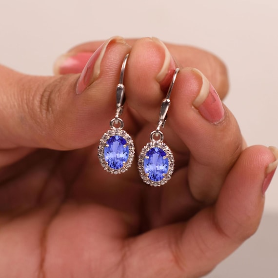 Tanzanite Leverback Earrings – Art Deco Sterling Silver, Bridal Jewelry