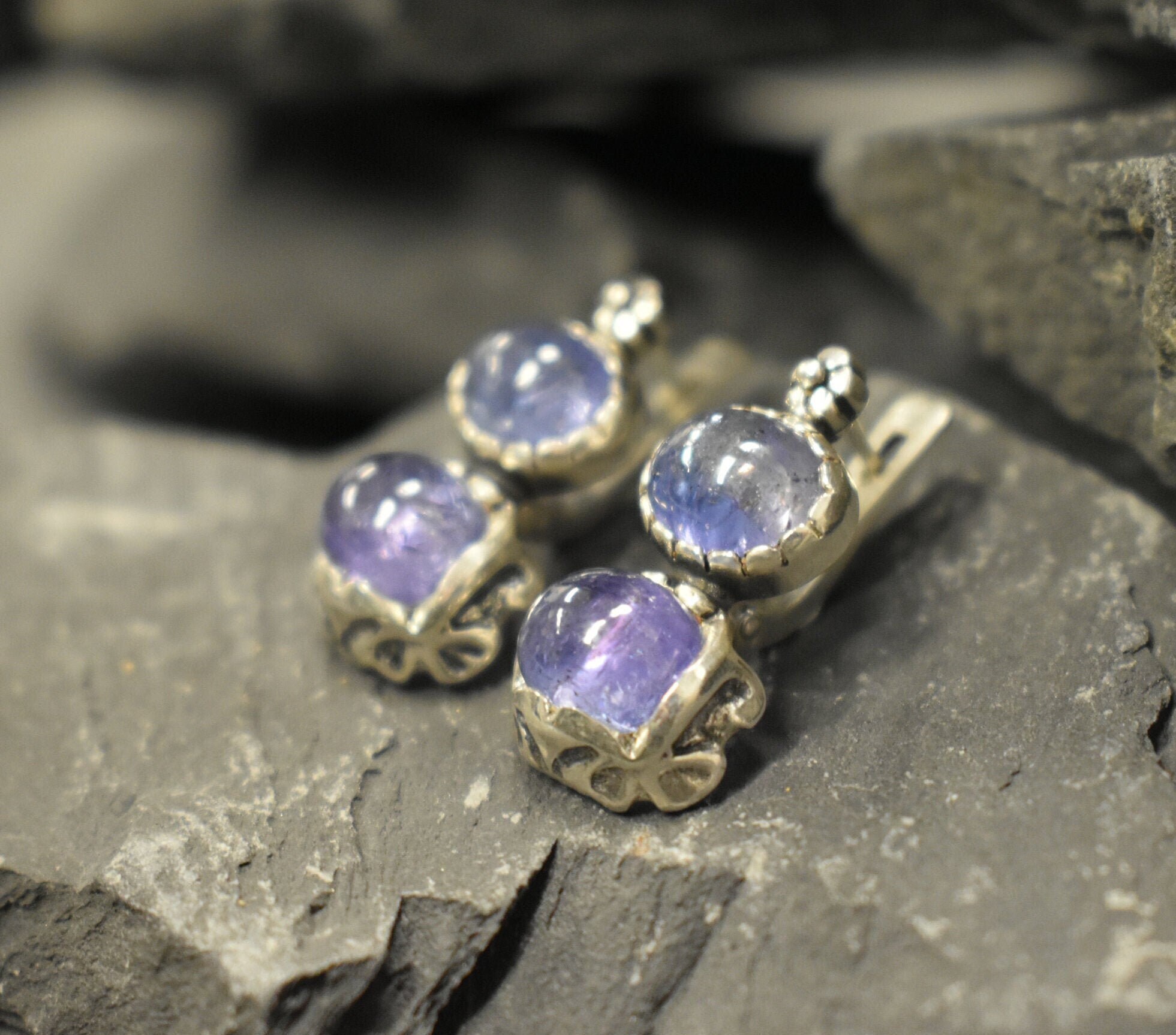 Tanzanite Earrings, Natural Tanzanite, Vintage Earrings, December Birthstone, Two Stone Earrings, Silver Artistic Earrings, Flower Earrings