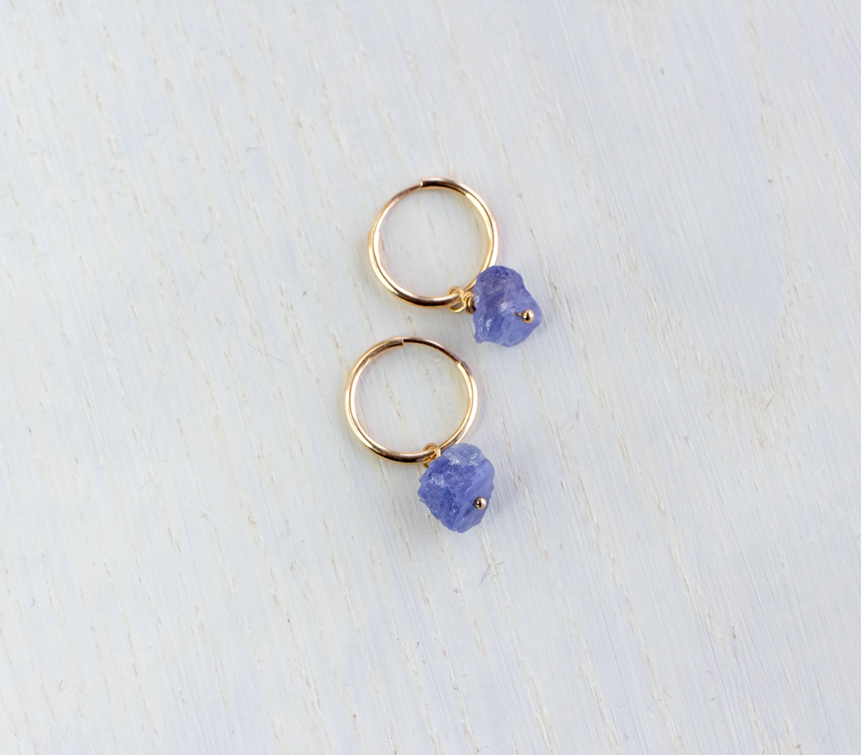 One Pair Raw Tanzanite Mini Gold Hoops, Tanzanite Earrings Sterling Silver, Small Rose Gold Hoop Earrings, Raw Crystal Earrings, Genuine