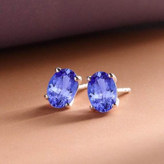 Oval Tanzanite Sterling Silver Stud Earrings, Art Deco Style