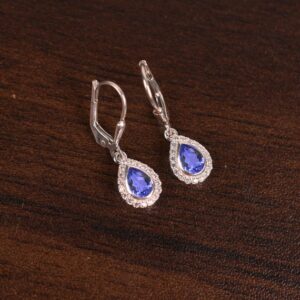 Pear Tanzanite Halo Earrings – 14k Gold Leverback Dangle Earrings