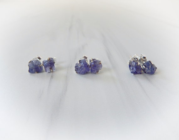 Raw Tanzanite Gemstone Earrings Sterling Silver • Raw Tanzanite Earring Studs